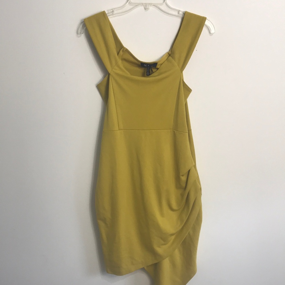 Asymmetrical cut stretchy yellow mustard dress